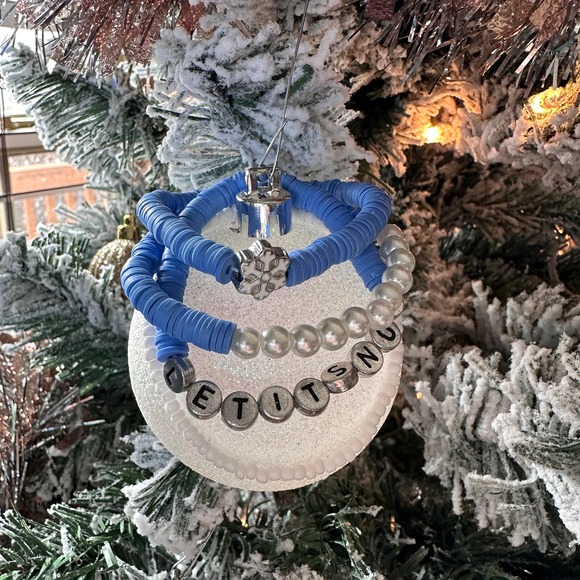 Let it Snow- Snowflake and Pearls Blue Beaded Bracelets- Set of 3 - Picture 2 of 4